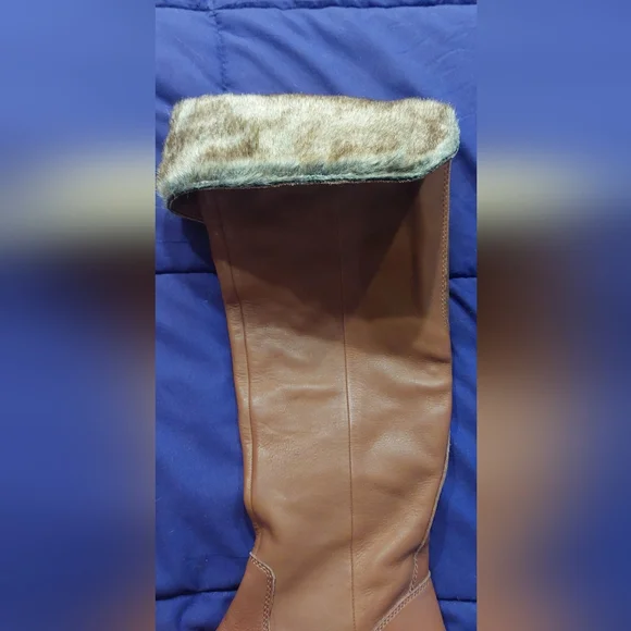 Lucky Brand Generall Tall Leather Riding Boots Fur Cuff - Picture 3 of 9